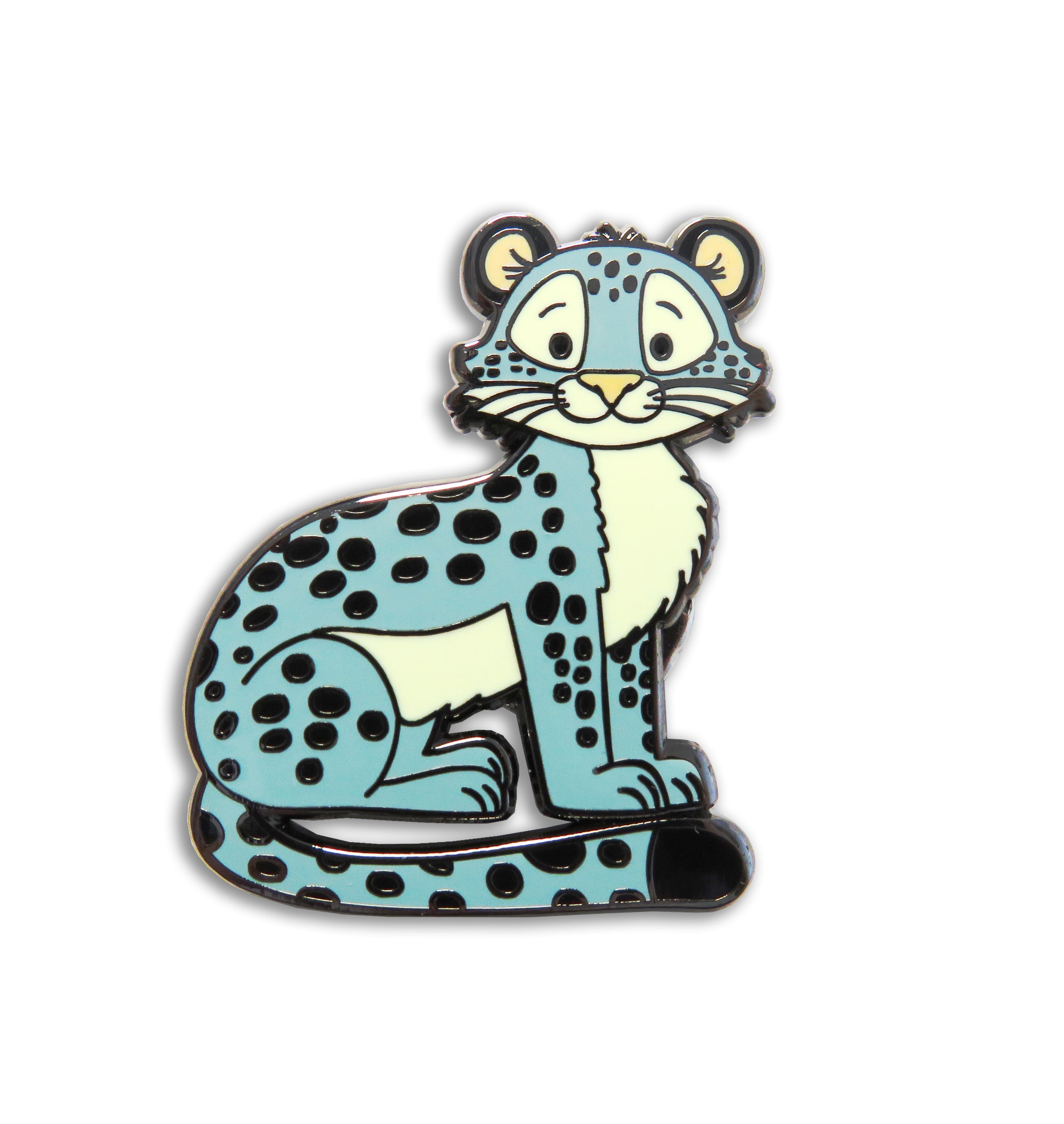 Leopard-shaped enamel pin with a blue and black pattern on a  background