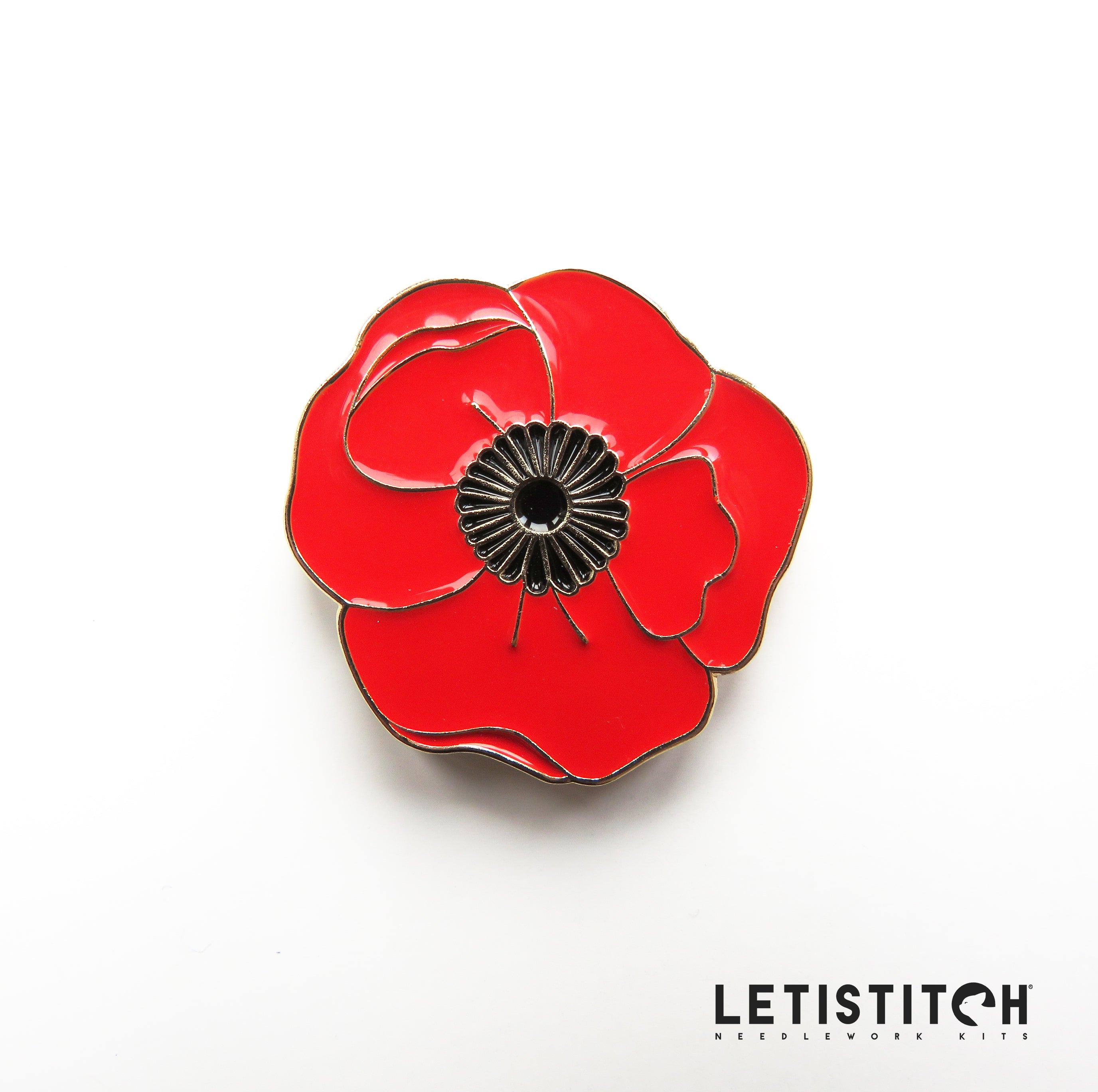 Red poppy flower needleminder with black center on a white background, featuring the brand 'Letistitch'.