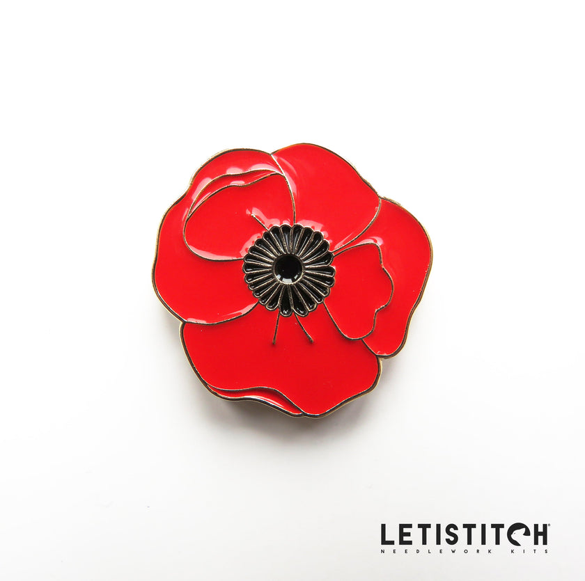 Red poppy flower needleminder with black center on a white background, featuring the brand 'Letistitch'.