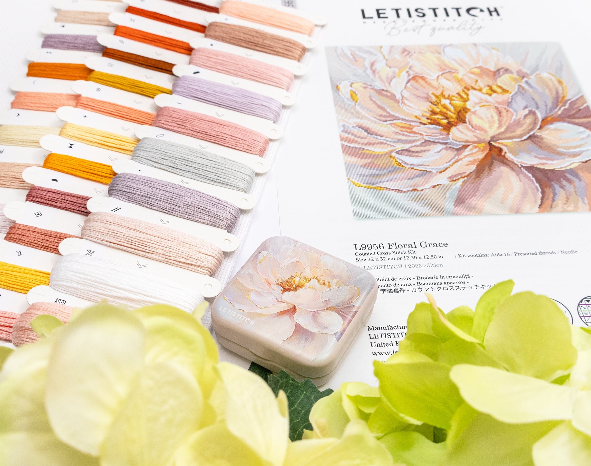 LETIStitch embroidery thread set with floral design and color swatch on a white background.