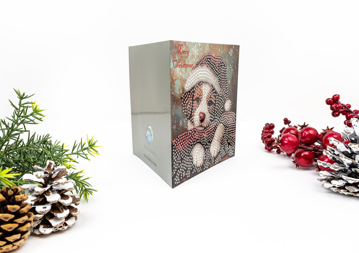 Christmas card with a dog design surrounded by decorative elements on a white background