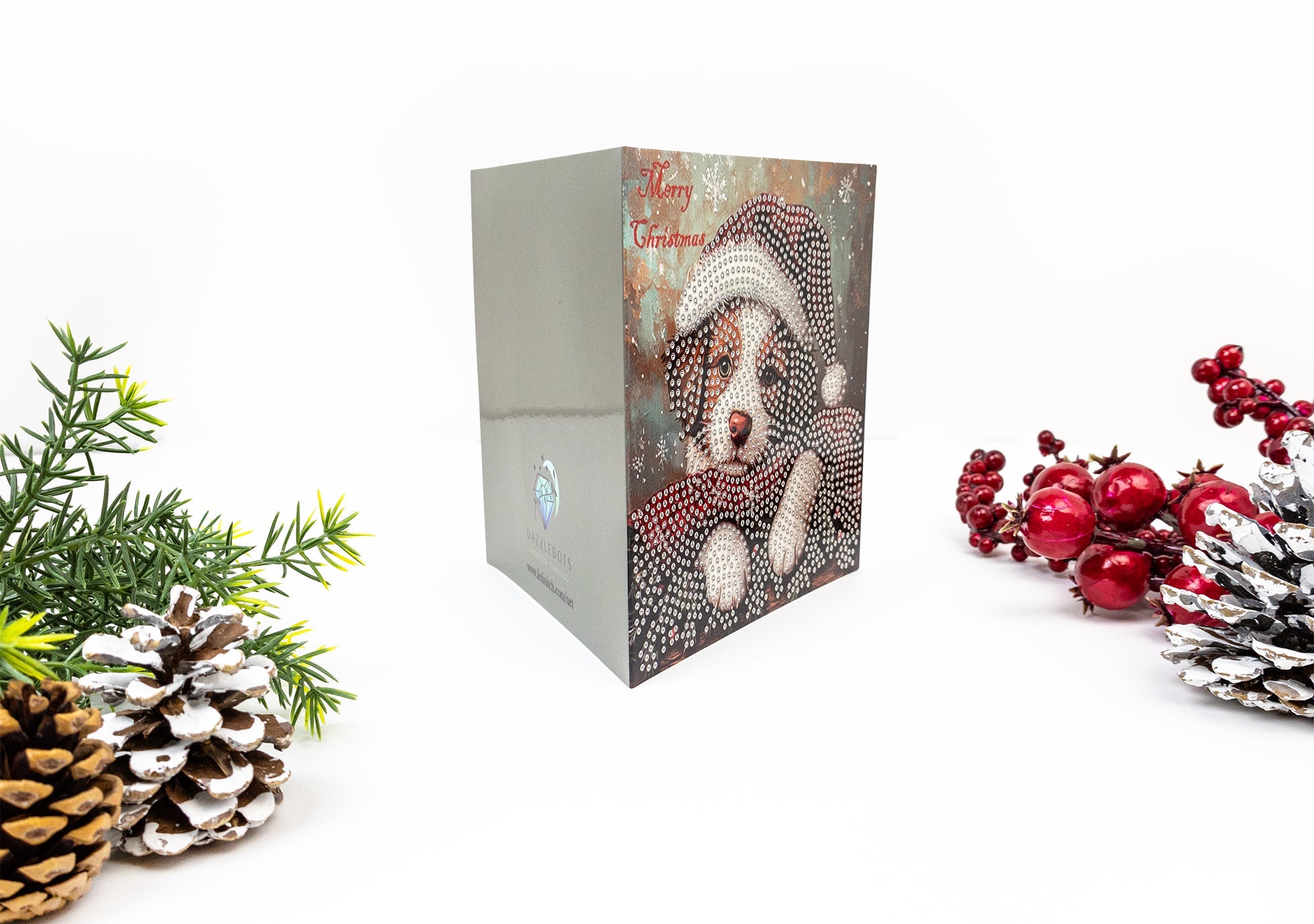 Christmas card with a dog design surrounded by decorative elements on a white background