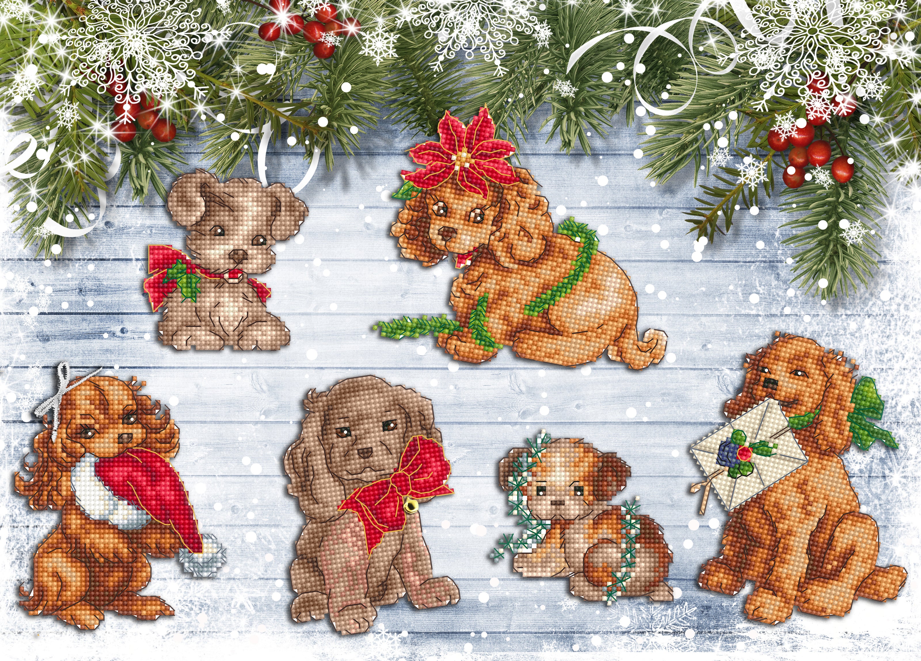 L470 Christmas Puppies 6 pcs. Ornaments - CHART