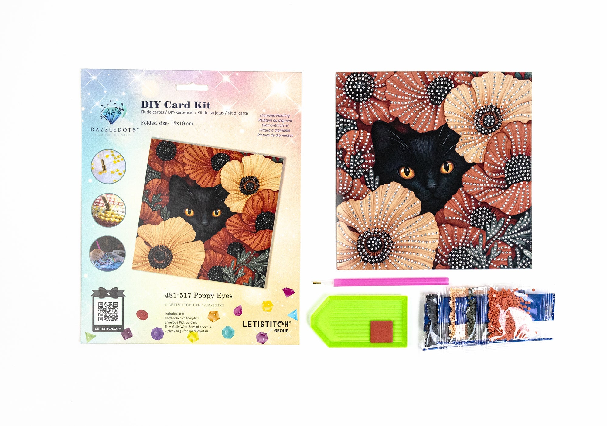 crystal art DIY card kit with black cat and flower design on a white background