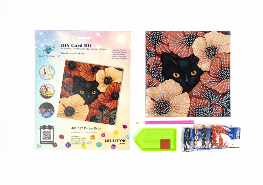 crystal art DIY card kit with black cat and flower design on a white background