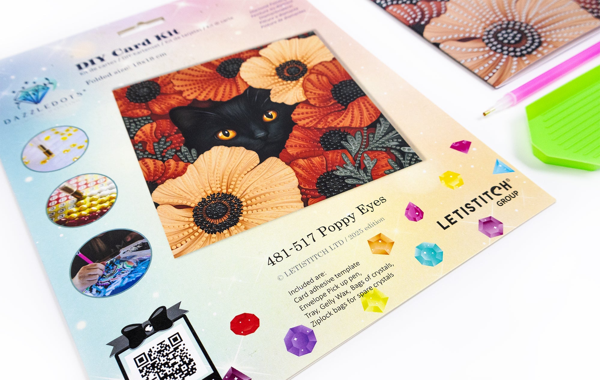 LetiStitch DIY card kit with a black cat and flowers design on a white background