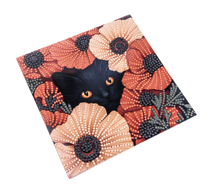 card with floral pattern and black cat illustration on a white background