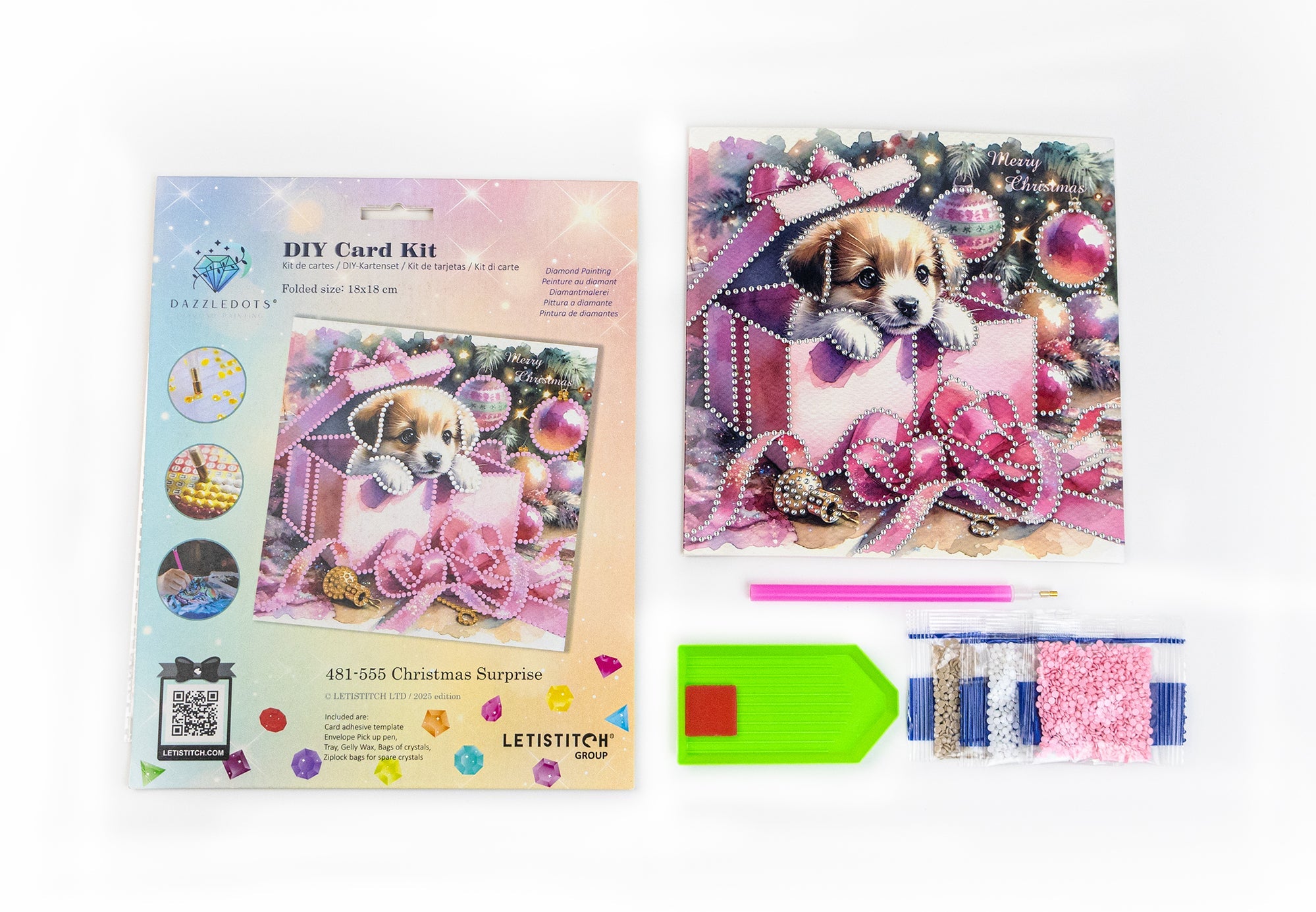 DIY card kit with a puppy design and accessories on a white background