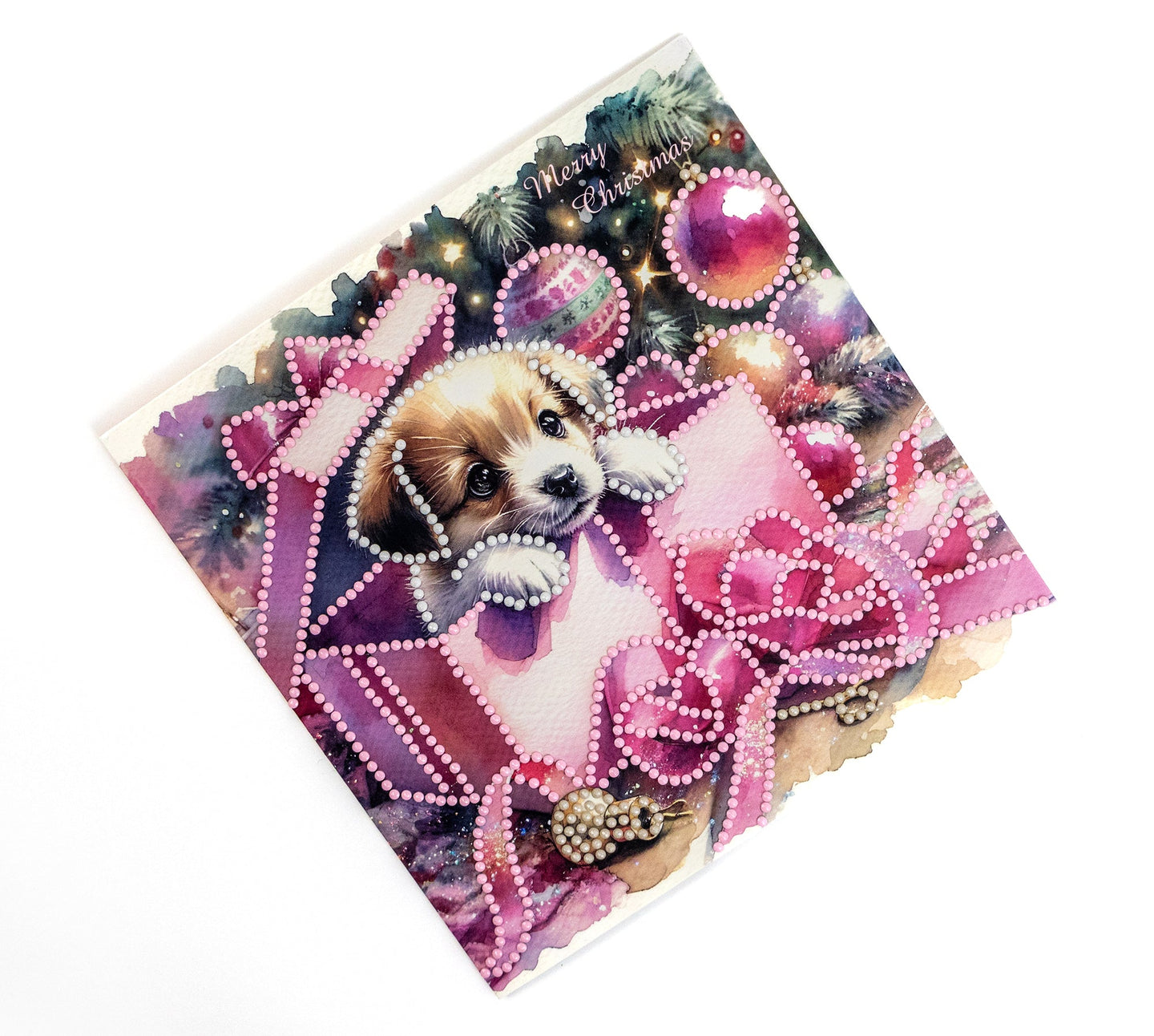 Christmas-themed card with a puppy and festive decorations on a white background