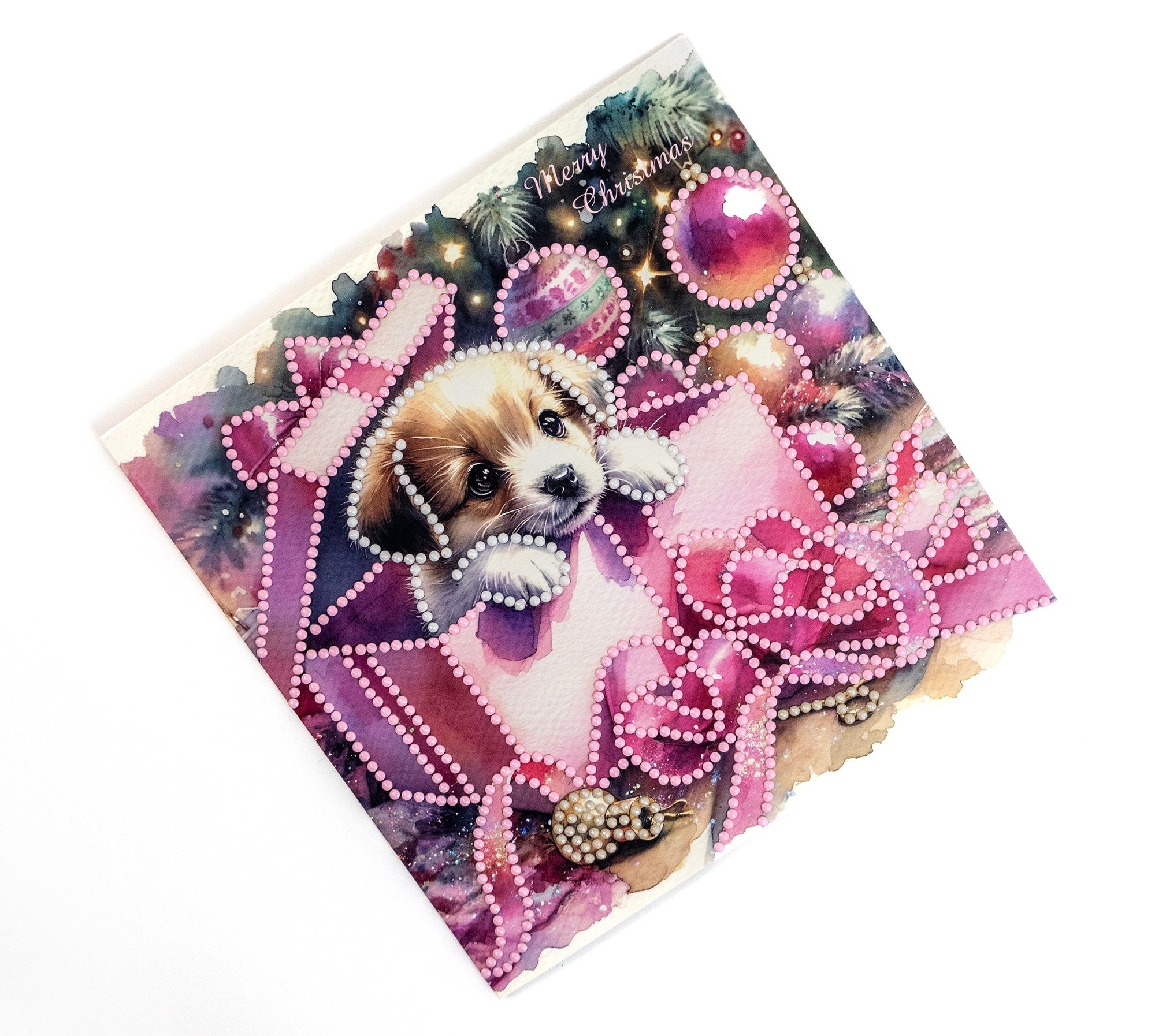 Christmas-themed card with a puppy and festive decorations on a white background