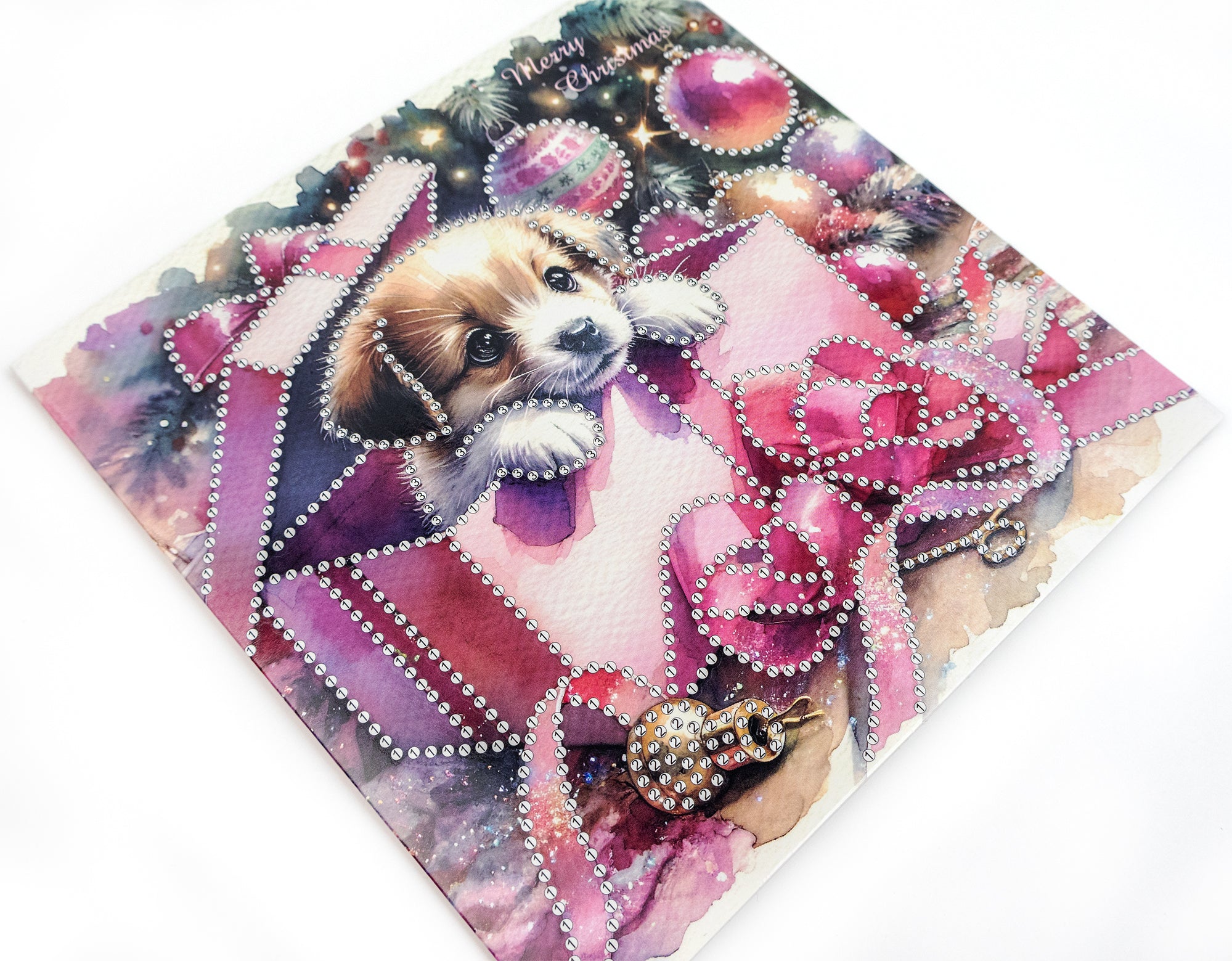 Christmas-themed card with a dog and decorative elements on a white background