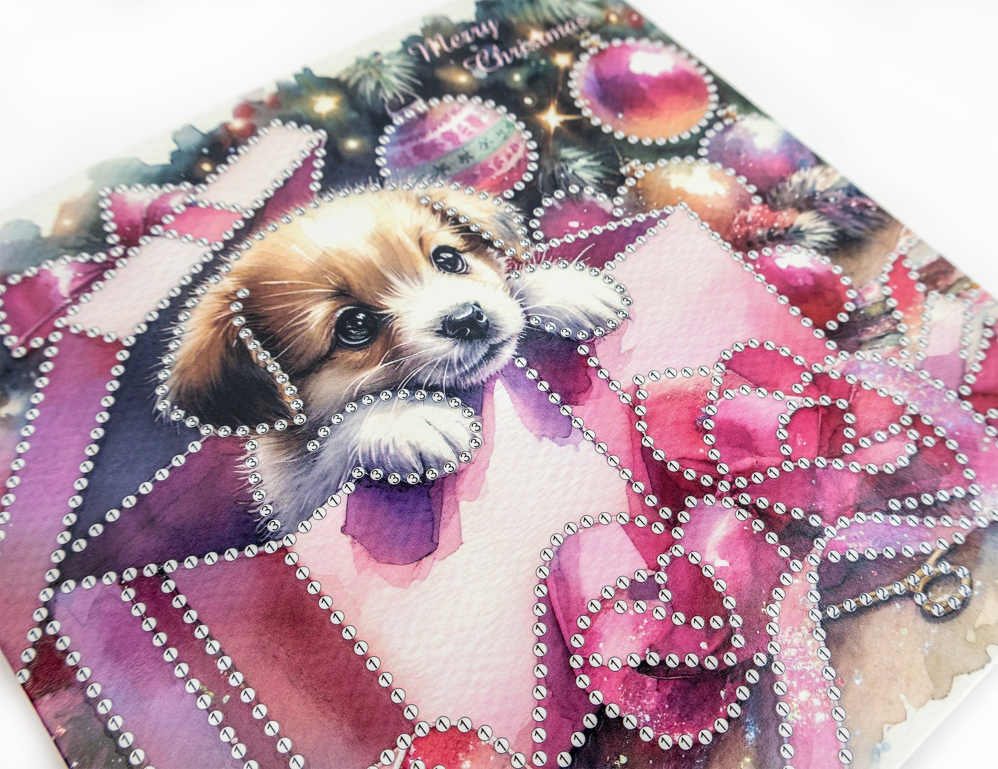 Decorative product with a dog illustration and festive elements on a colorful background