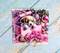 Christmas card with a puppy in a pink outfit on a decorative background