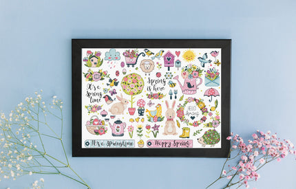 Framed spring-themed artwork with illustrations on a light blue background