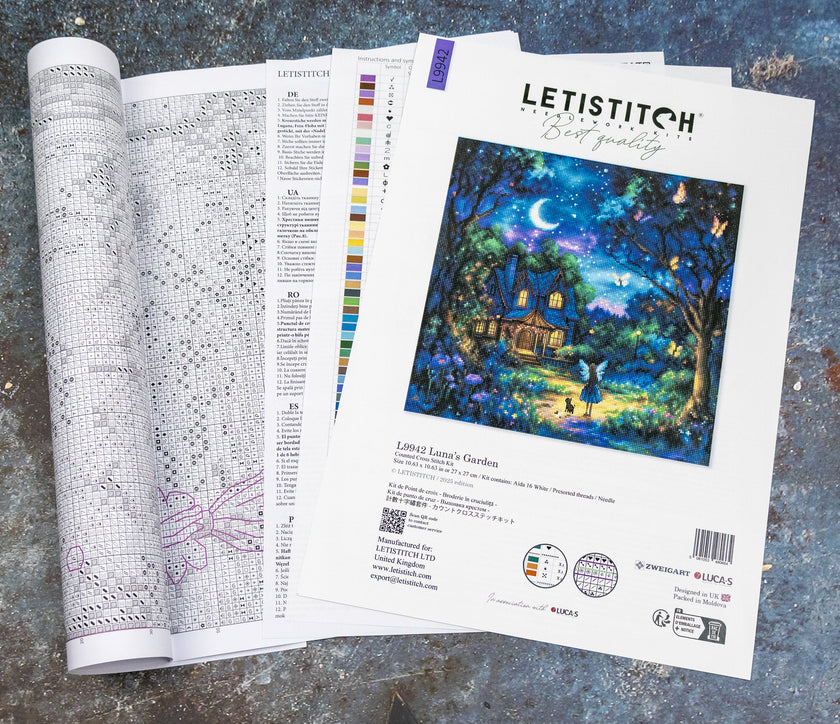Letistitch embroidery kit with pattern and color chart on a textured surface