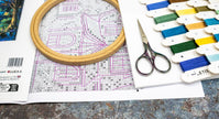 Embroidery hoop, scissors, and thread on a table with pattern paper