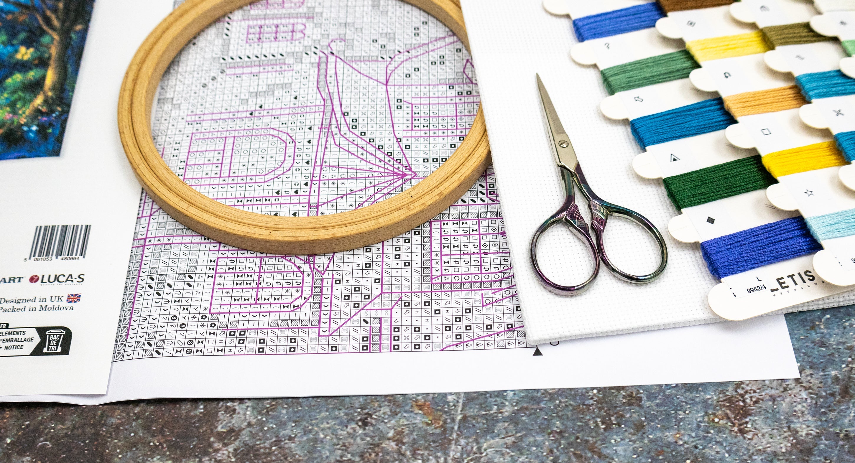 Embroidery hoop, scissors, and thread on a table with pattern paper