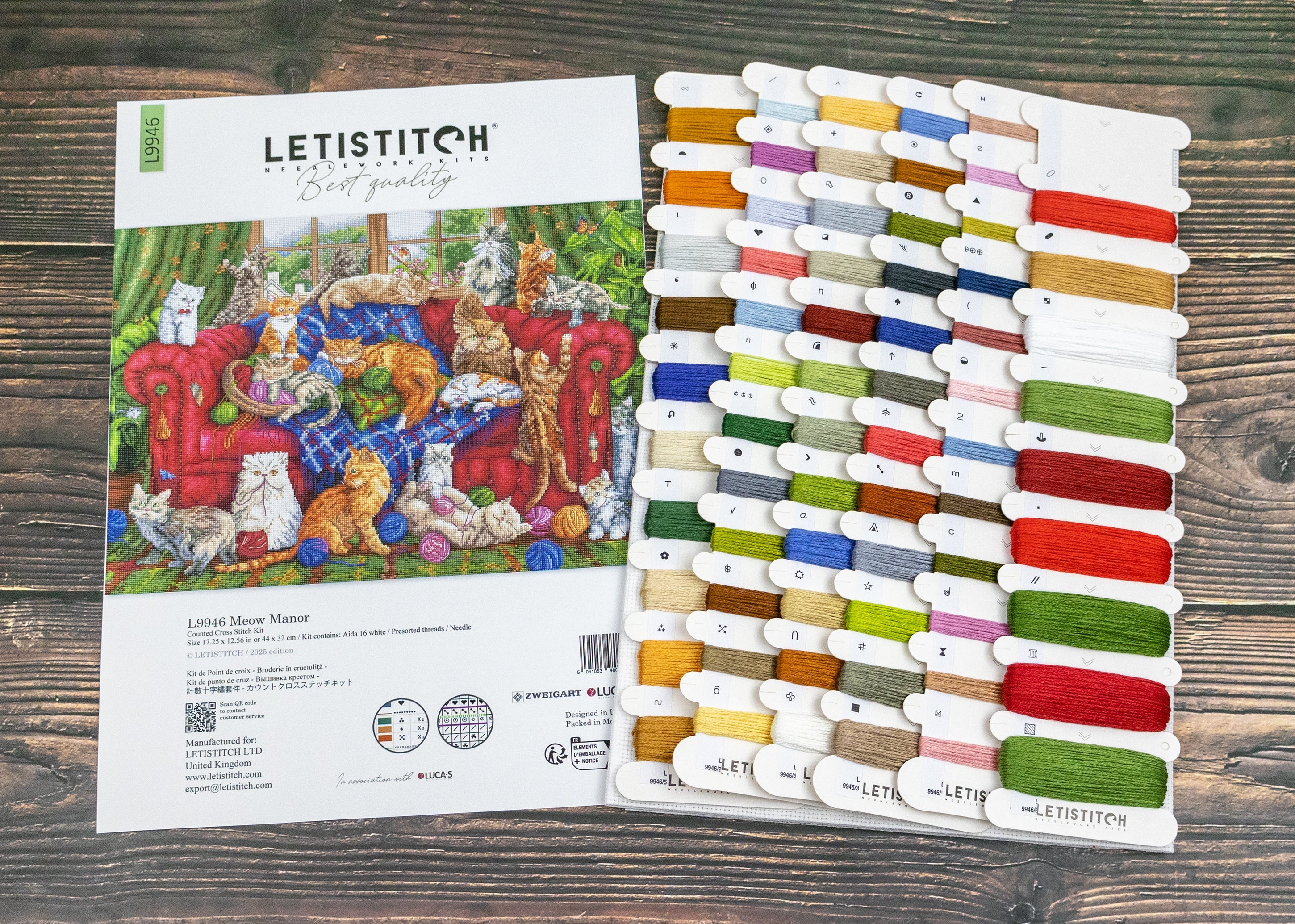 Letistitch embroidery thread set with color swatch on a wooden surface