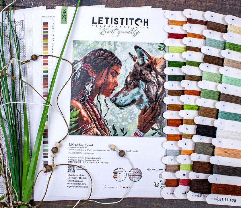 Embroidery kit with pattern sheet, threads, and color chart on a wooden surface.