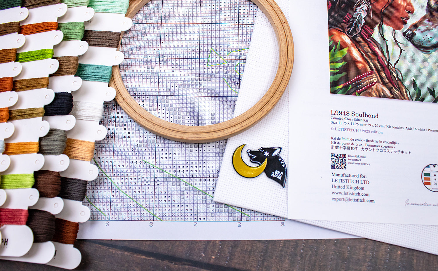 Embroidery hoop, thread spools, and a pattern sheet on a wooden surface.