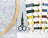 Embroidery hoop, scissors, and thread spools on a cross-stitching fabric.