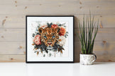 Framed artwork of a leopard with flowers on a wooden wall.