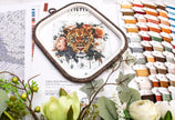 Embroidery hoop with a tiger design surrounded by floral elements and thread spools.