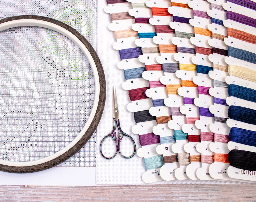 Embroidery hoop, scissors, and spools of thread on a table