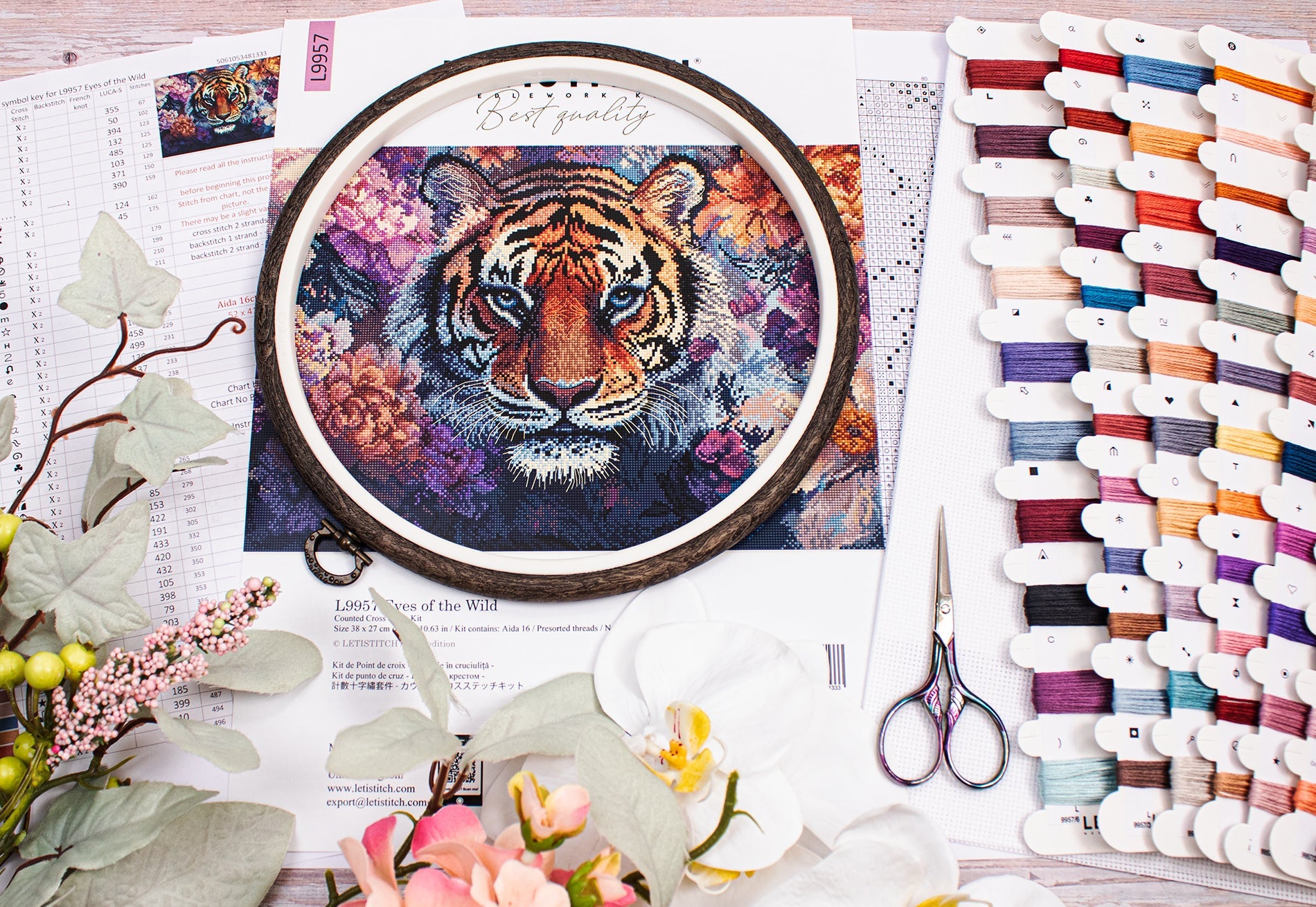 Embroidery hoop with a tiger design surrounded by thread spools and scissors on a magazine page.
