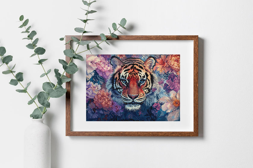 Framed artwork of a tiger with floral background on a white wall with green leaves.