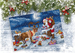 Christmas scene with Santa Claus, reindeer, and presents on a snowy landscape.