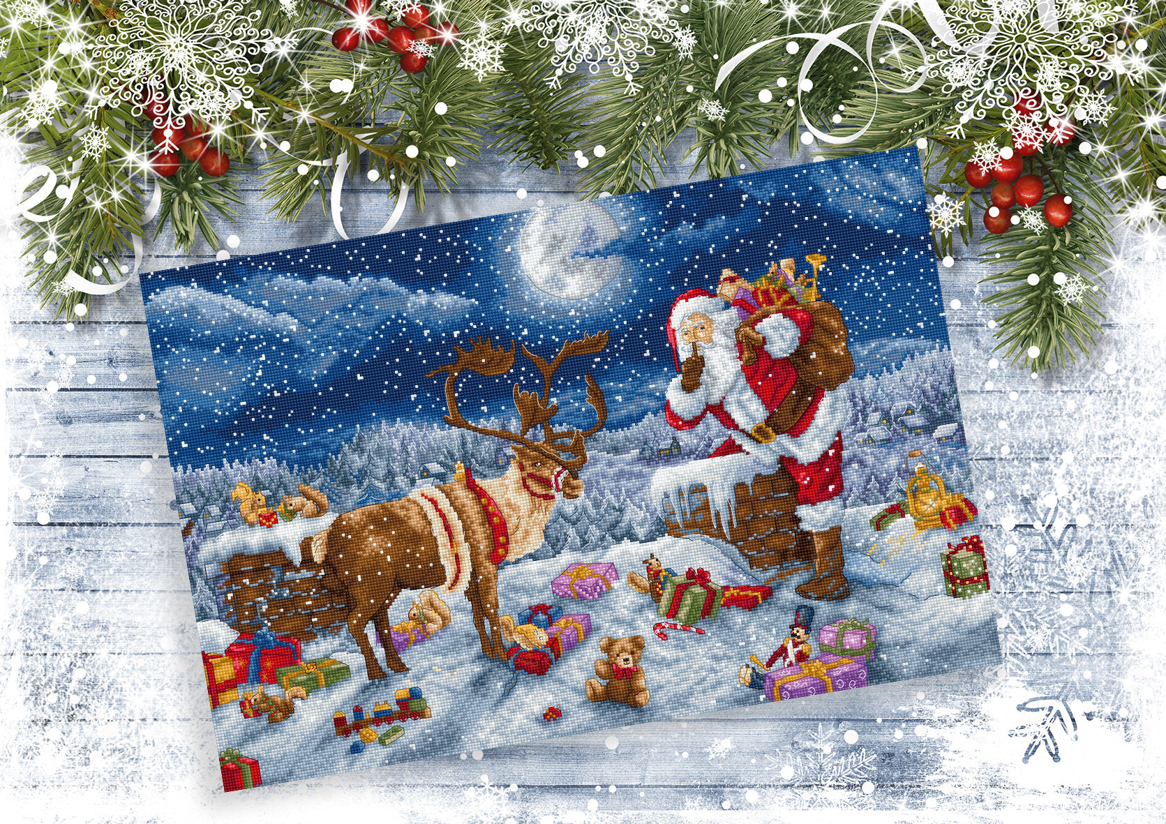 Christmas scene with Santa Claus, reindeer, and presents on a snowy landscape.