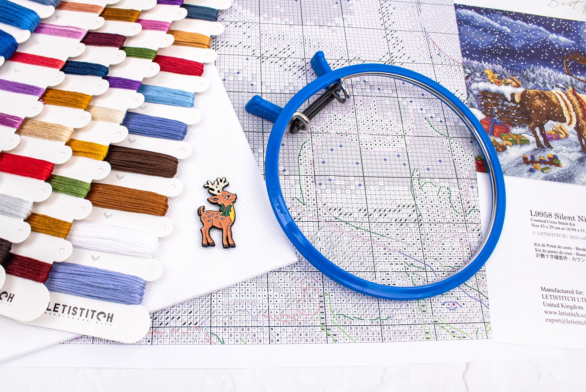 Embroidery hoop with colorful threads and a map on a table