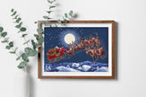 Framed artwork of Santa Claus in a sleigh with reindeer against a night sky with a full moon.