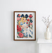 Framed artwork of a character holding a glass of wine surrounded by roses on a white wall.