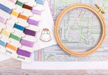 Embroidery hoop with cross-stitch pattern and colorful threads on a wooden surface