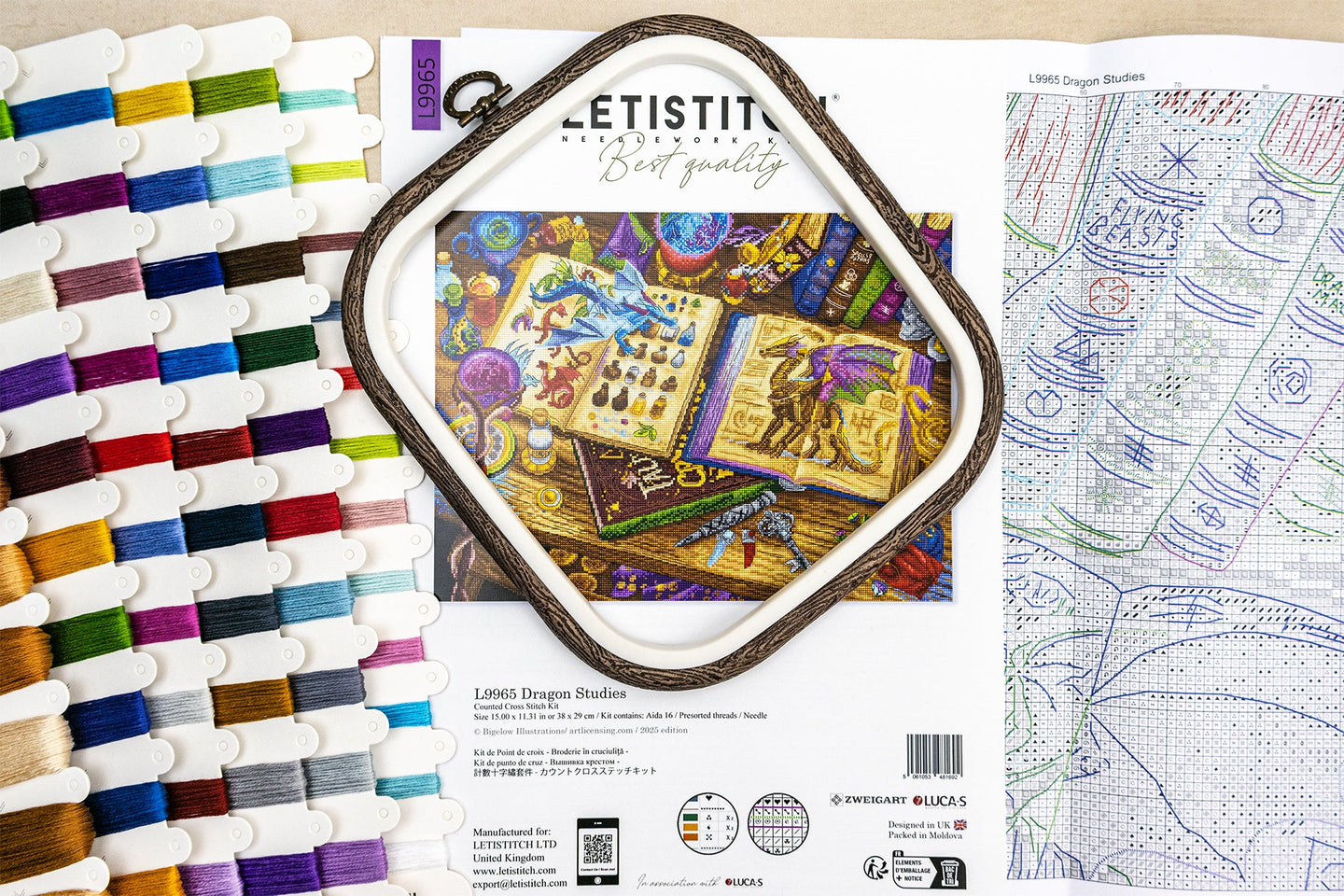 Embroidery kit with thread set, design book, and hoop on a white background