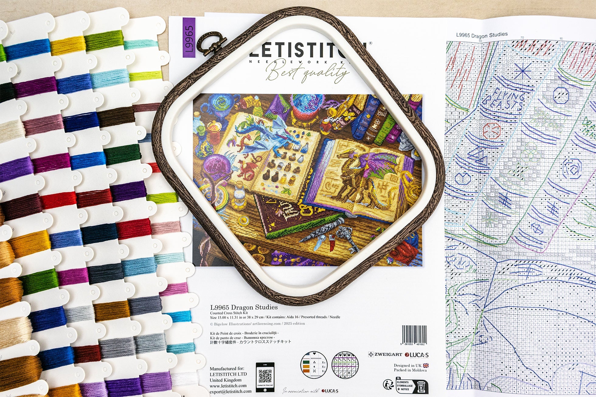 Embroidery kit with thread set, design book, and hoop on a white background