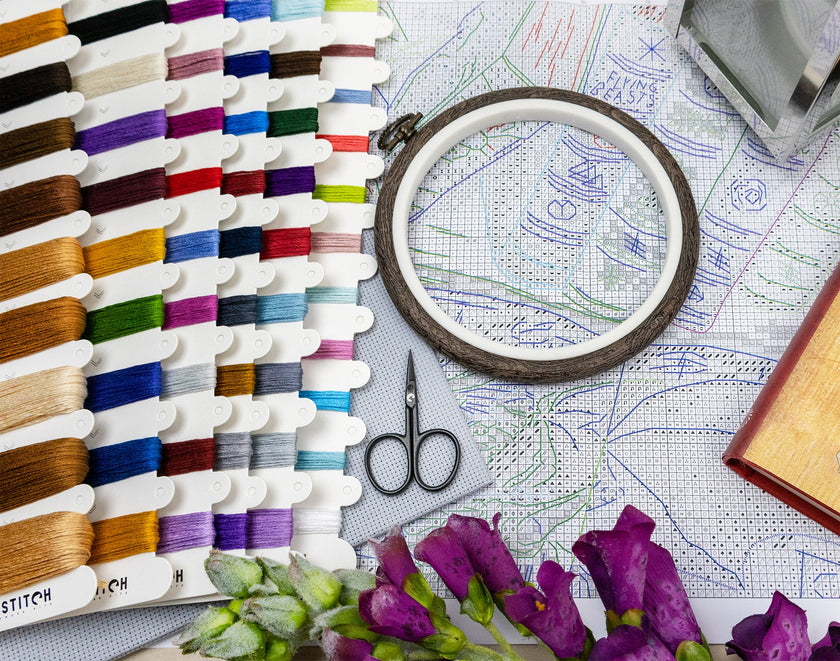 Embroidery hoop, scissors, and thread spools on a design paper
