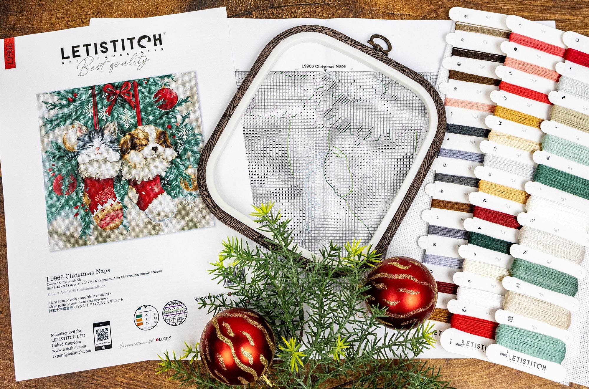 Cross-stitch kit with hoop, thread, and pattern sheet on a wooden surface.
