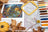 Cross-stitching kit with fabric, hoop, threads, and a pumpkin-themed picture on a table.