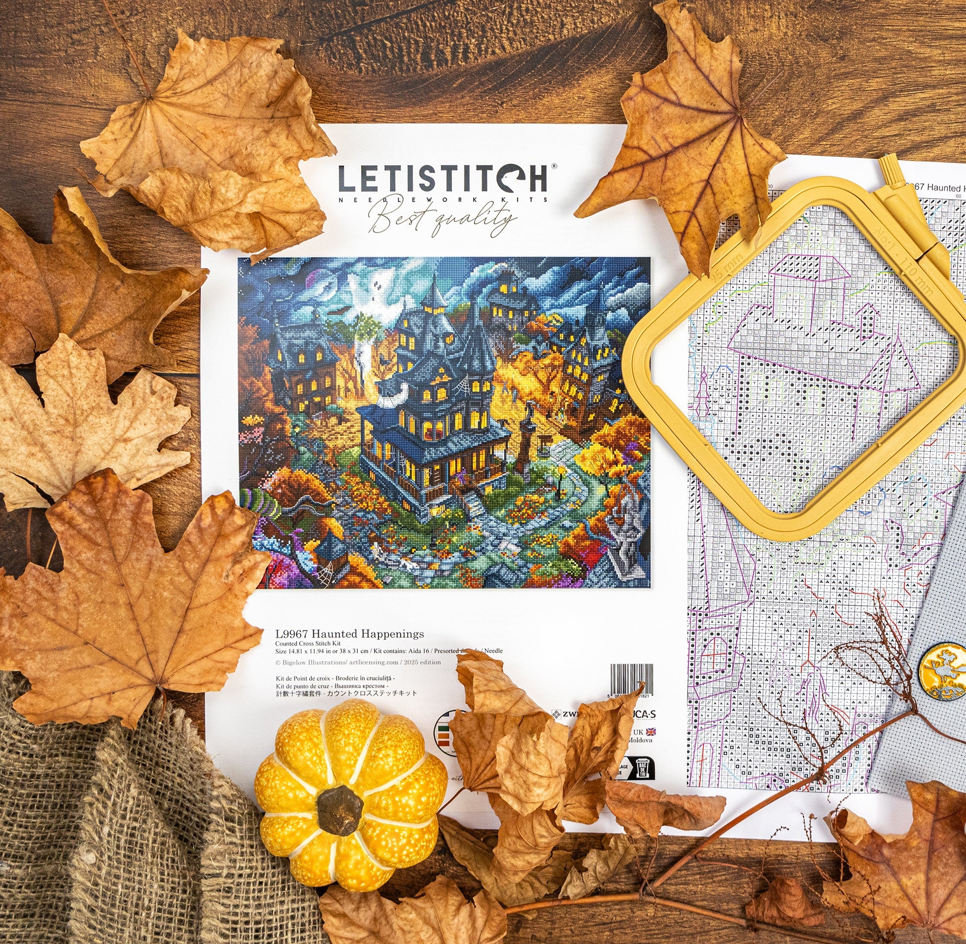 Cross-stitch kit with a haunted house design, surrounded by autumn leaves and a pumpkin on a wooden surface.