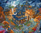 Pixel art-style illustration of a haunted house with ghostly figures and autumnal elements.