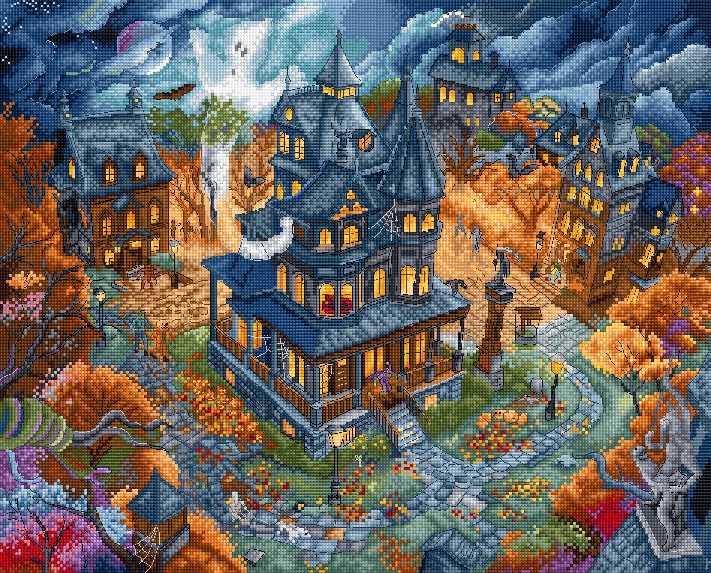 Pixel art-style illustration of a haunted house with ghostly figures and autumnal elements.