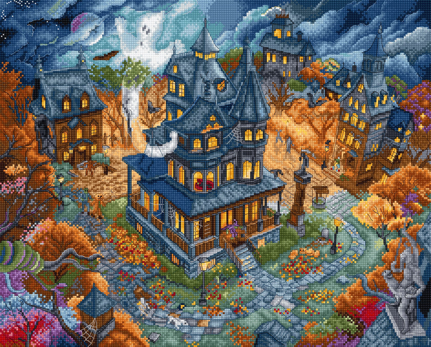 Pixel art-style illustration of a haunted house with ghostly figures and autumnal elements.