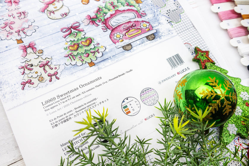 Decorative Christmas ball on a sheet of paper with illustrations and text