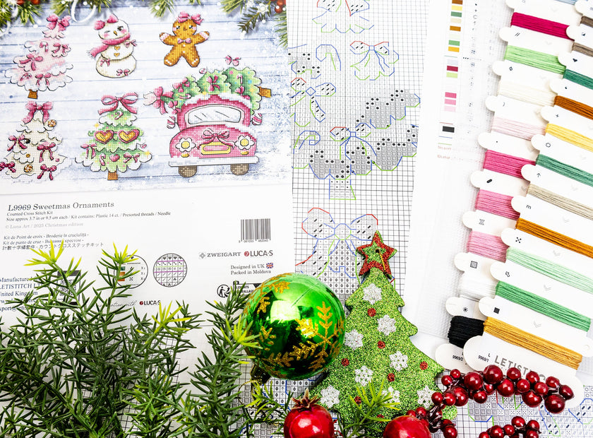 Cross-stitch pattern with Christmas-themed designs and embroidery floss on a white background.