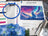 Embroidery hoop, thread spools, and a cross-stitch pattern of a wolf under an aurora borealis sky.