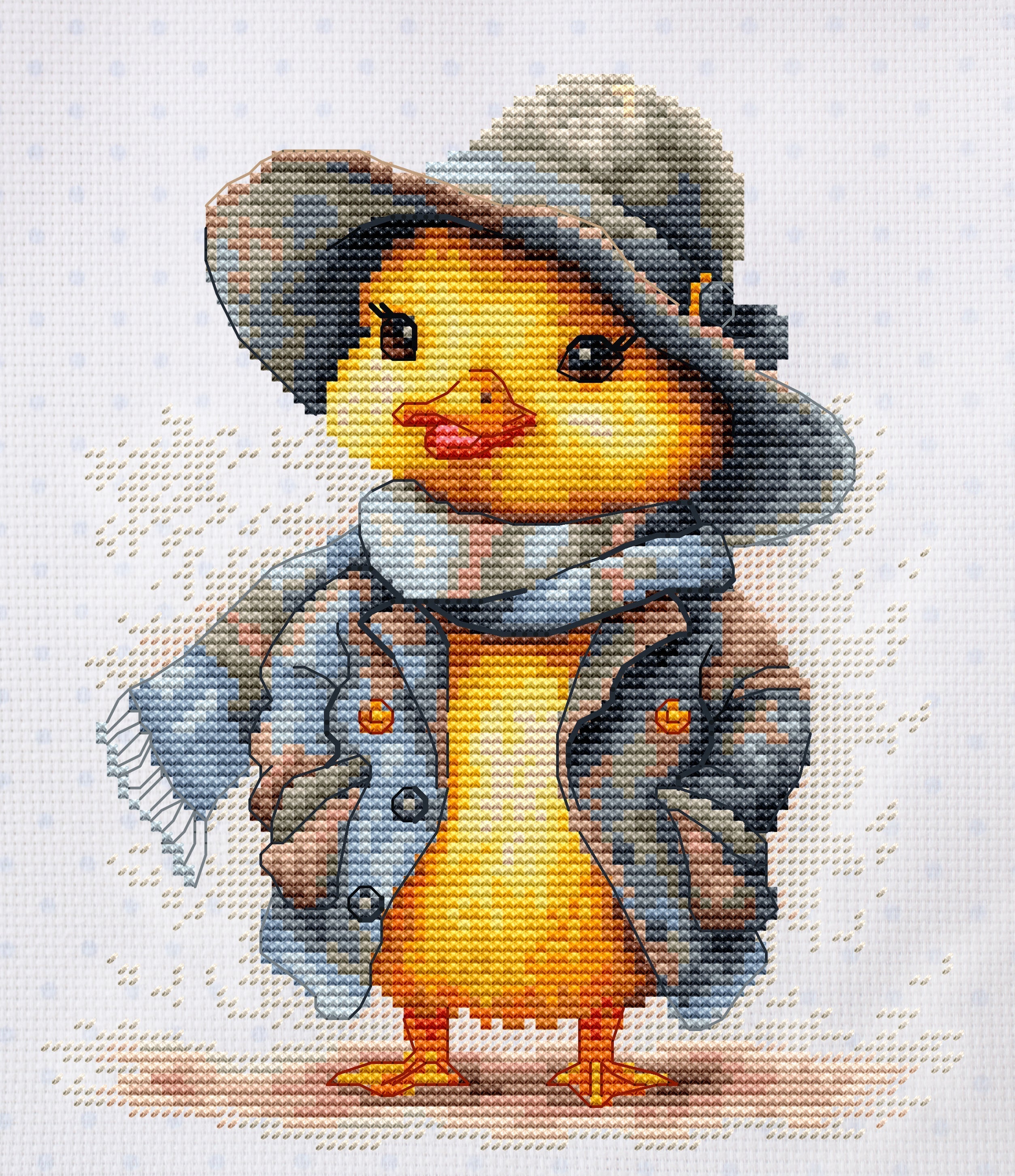 Cross-stitched duckling wearing a hat, coat, and scarf on a white background
