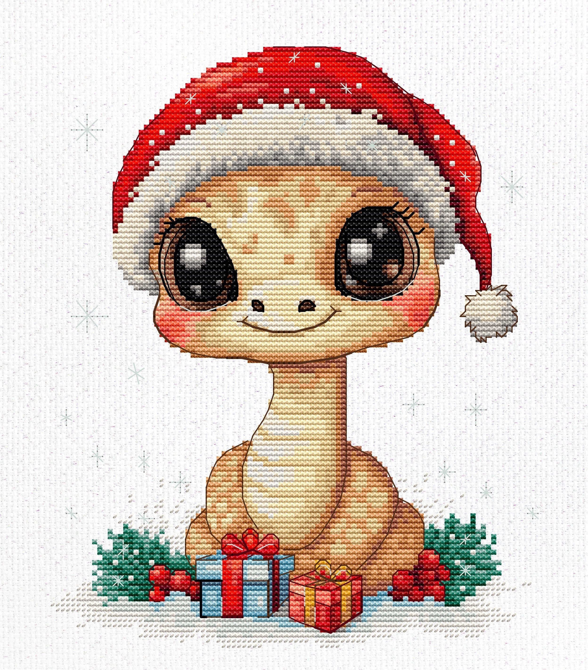 Cross-stitched design of a cute dinosaur wearing a Santa hat with Christmas decorations.